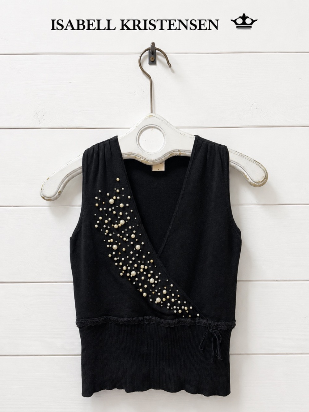 Isabell Kristensen Y2K Black Pearl Embellished Sleeveless Knit Top – Size S
